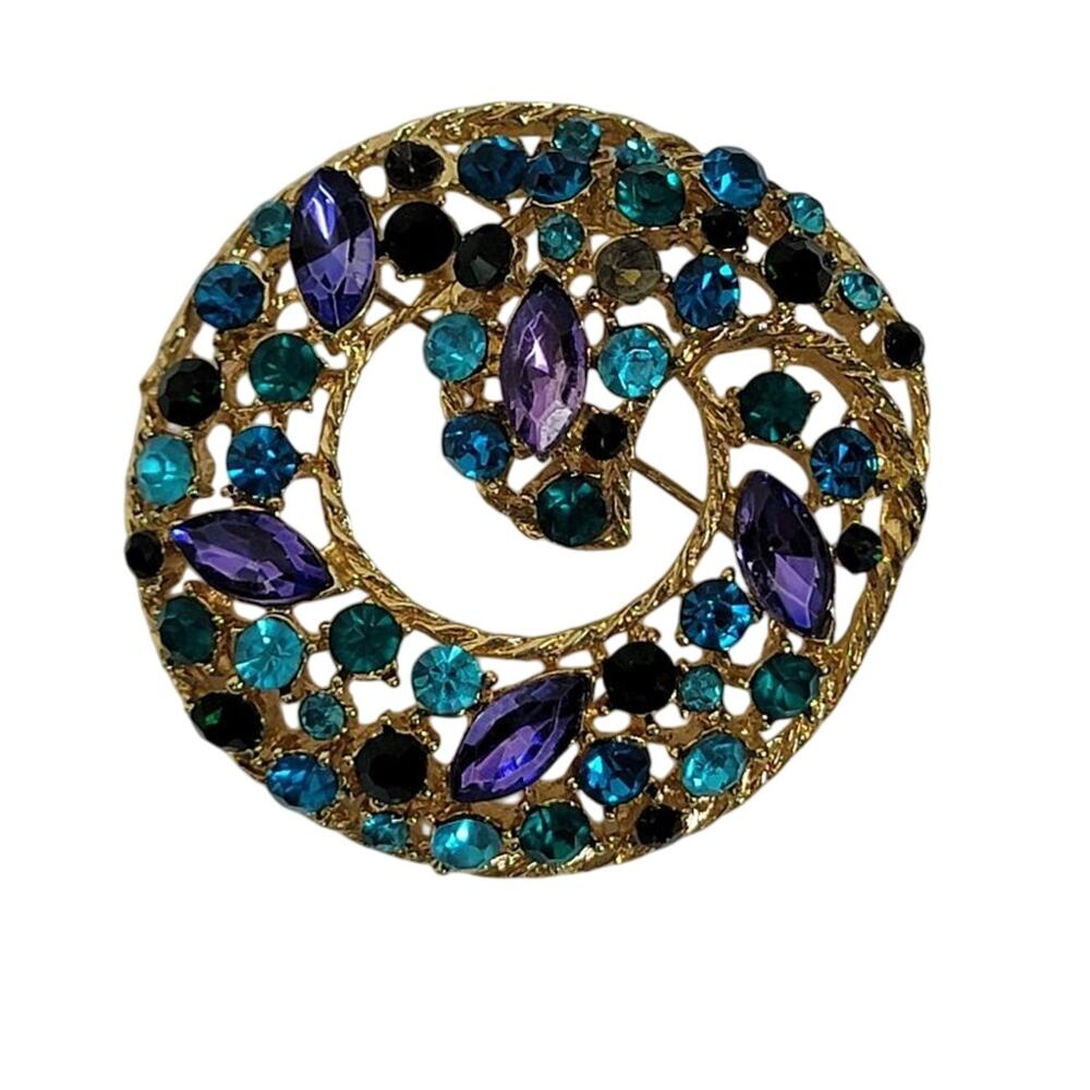 Vintage Gold Tone Rhinestone Circle Brooch Multicolor Wreath Style